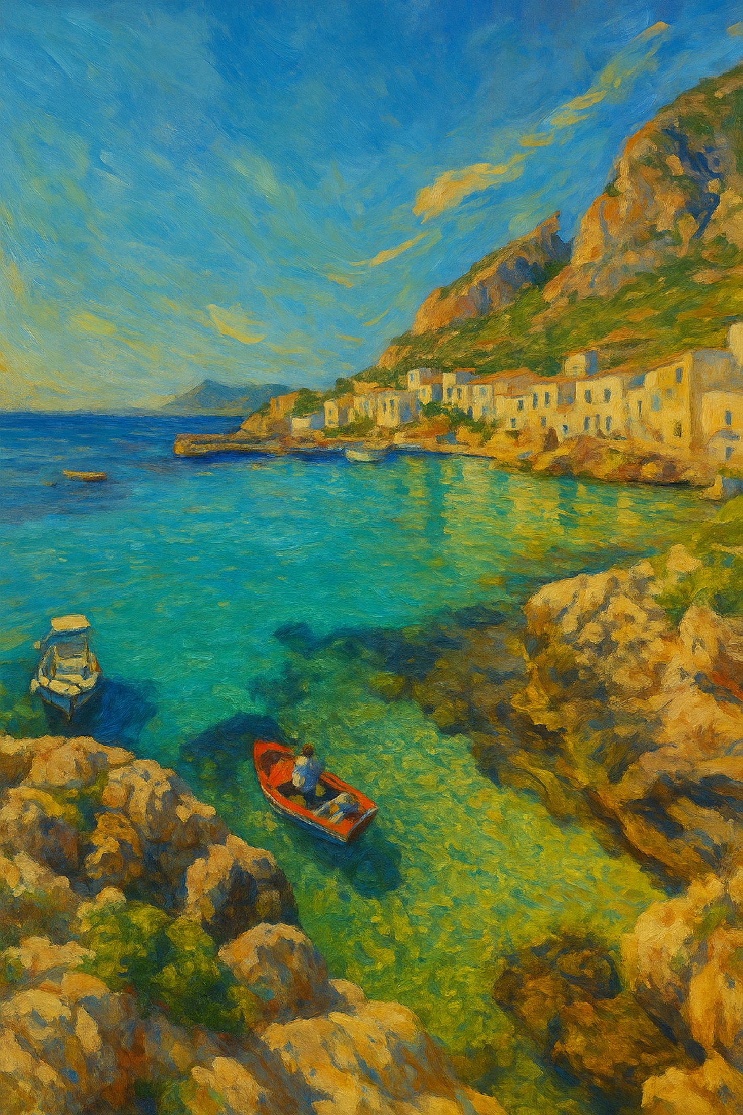 Sunlit rock folds around an intensely turquoise cove, holding the water like a hidden chamber. Small coastal buildings lend human scale, but the colour and geology remain the true subjects of the scene.