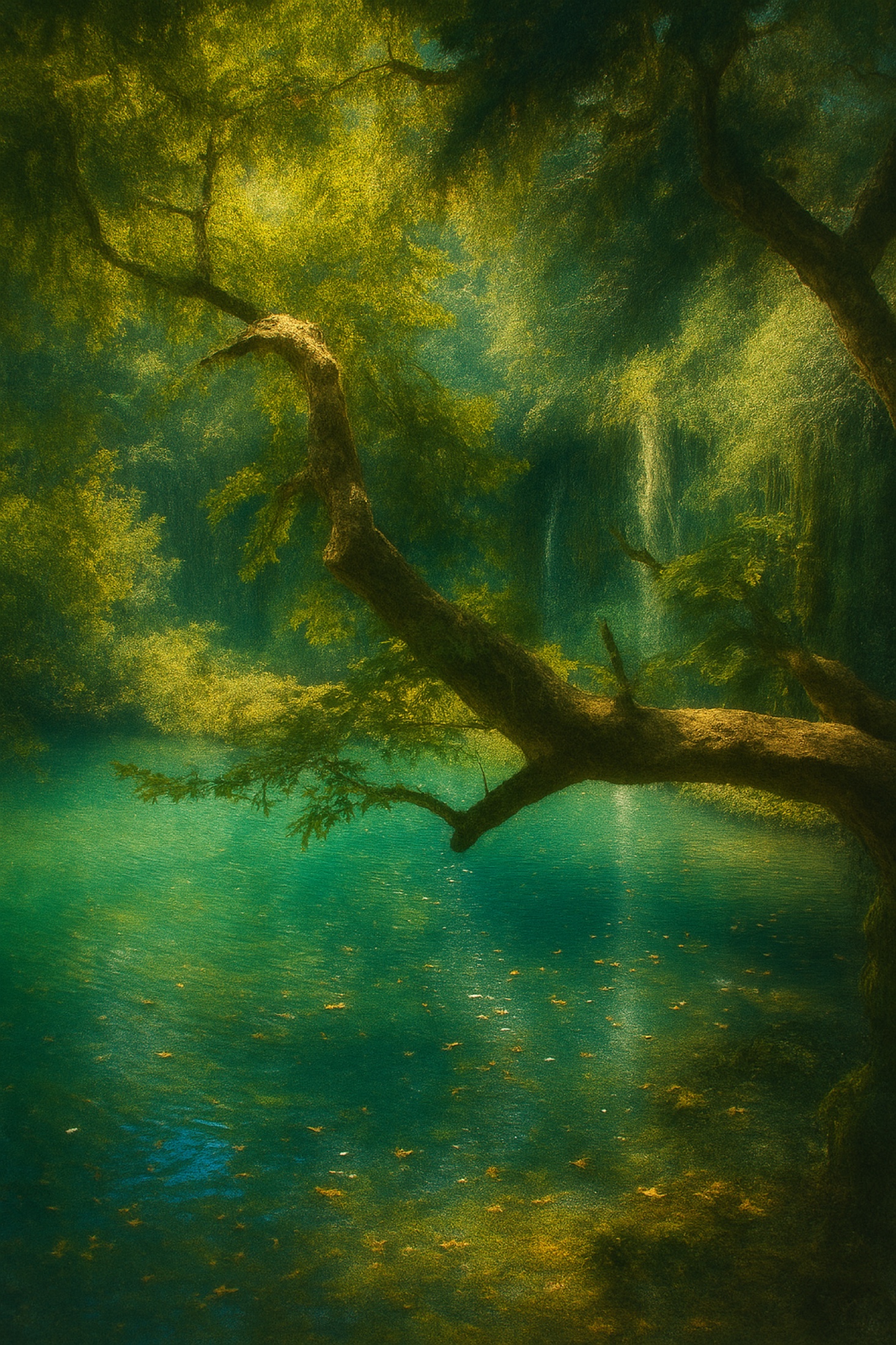 An old tree reaches over secluded turquoise water, its twisting branches forming a natural shelter within dense woodland. Light filters through the canopy in fragments, revealing a place that feels discovered, protected and almost outside time.