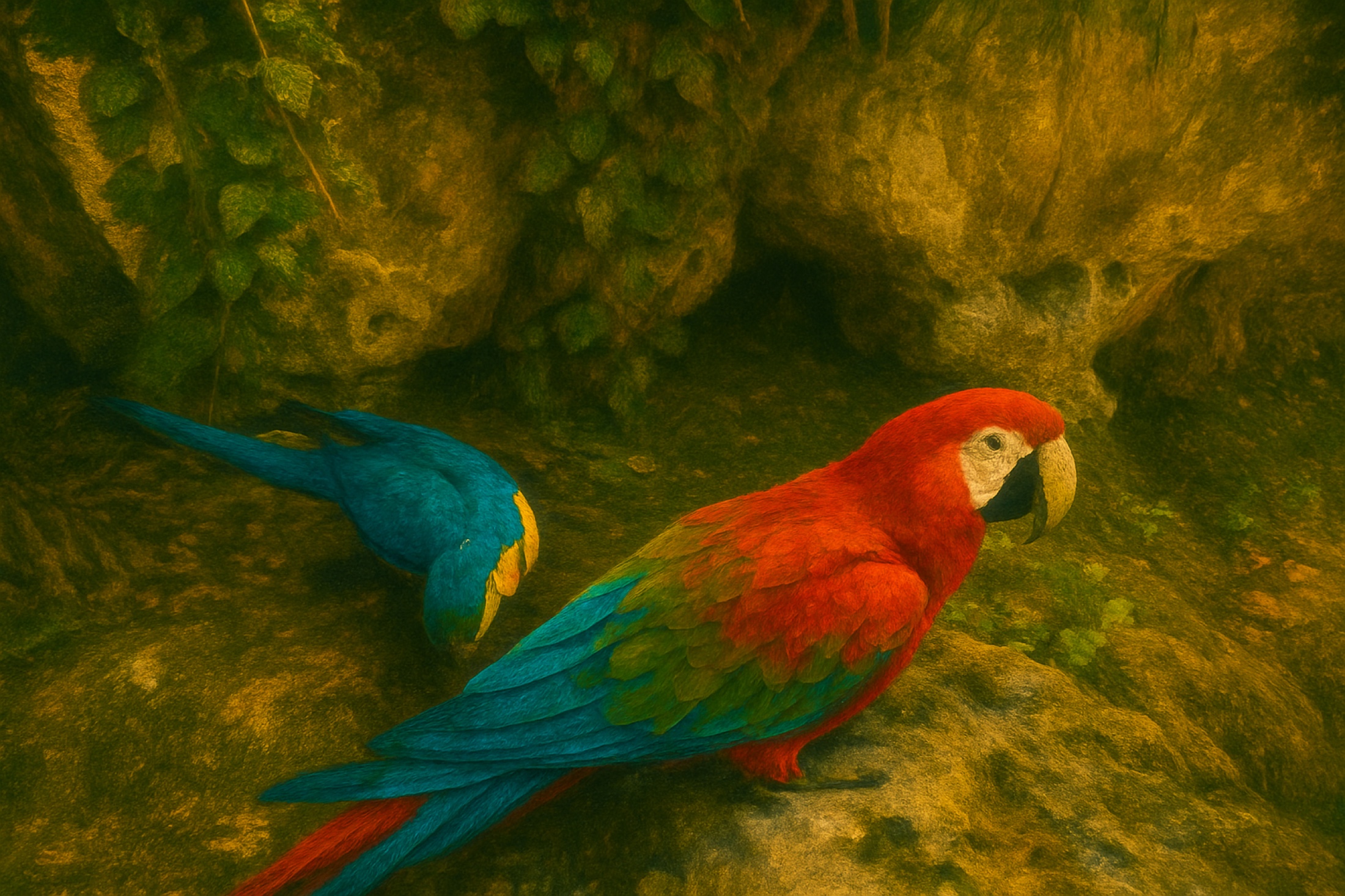 Two red-and-blue parrots rest close together against a dark rocky wall. Their brilliant colour and mirrored attention create a compact portrait of companionship — alert, self-contained and full of character.