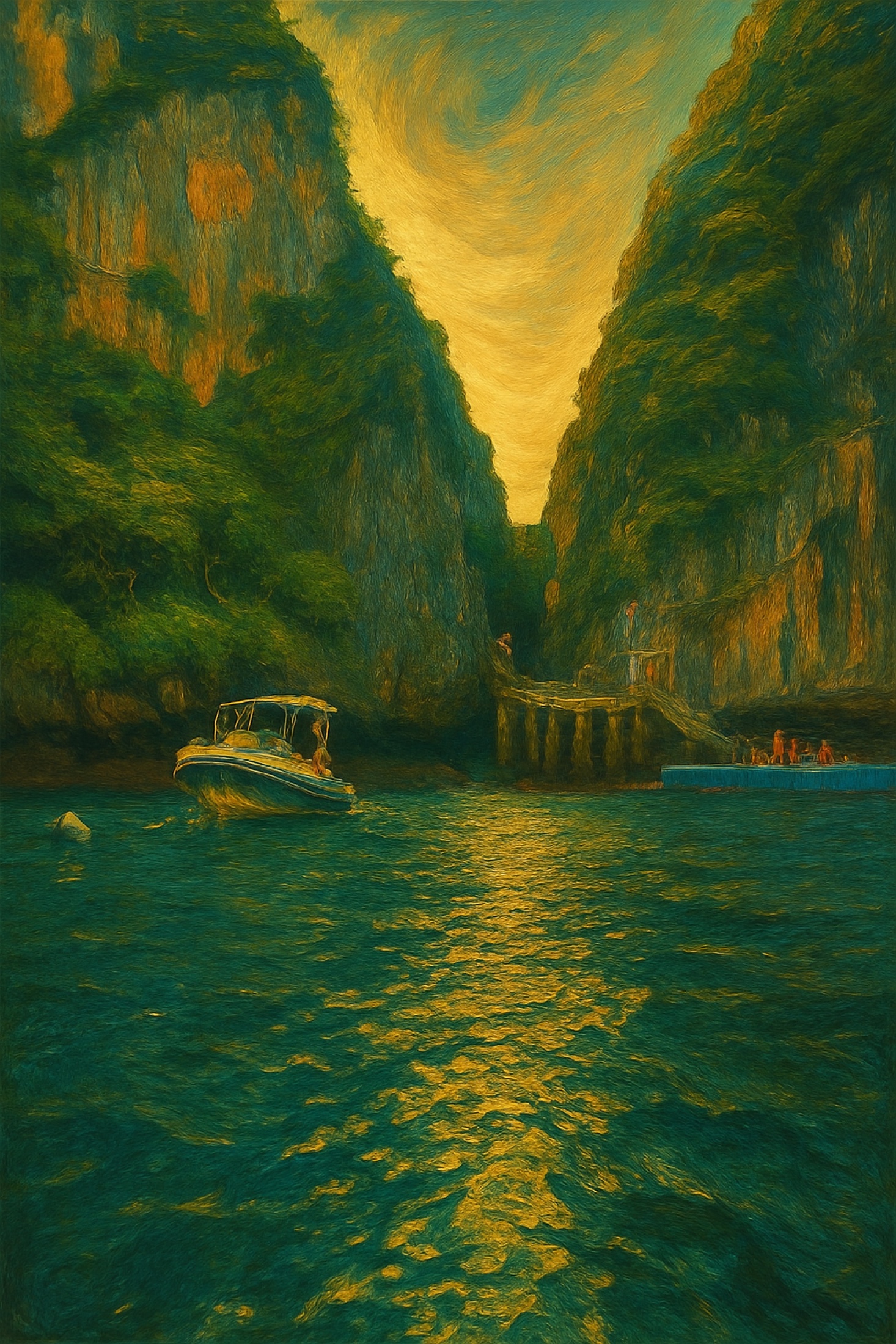 A small boat enters a narrow bay enclosed by towering limestone walls. Golden light draws a path across the water, but the scale and shelter of the cliffs keep the moment quiet, intimate and contained.